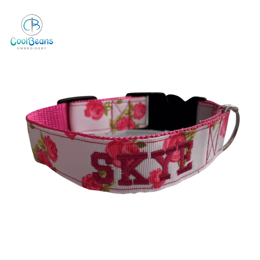 Dog Collar - Rose - Handcrafted - Personalised - 25mm - Cool Beans Embroidery & Personalisation