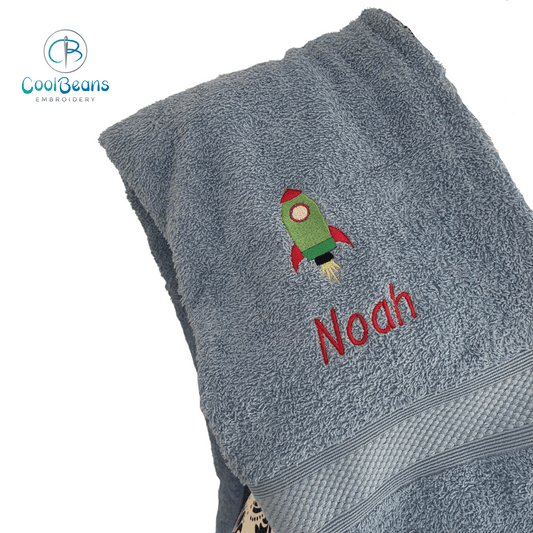 Rocket Embroidered Personalised Towel - Cobalt Blue