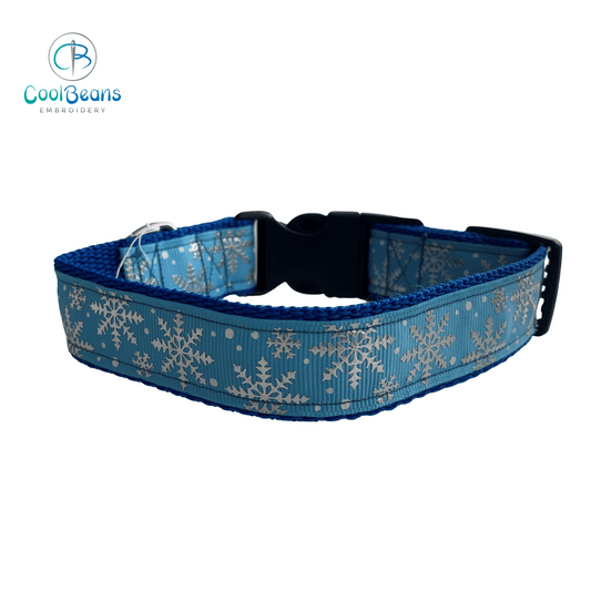 Dog Collar - Christmas Snowflakes Blue - Handcrafted - Personalised - 25mm - Cool Beans Embroidery & Personalisation