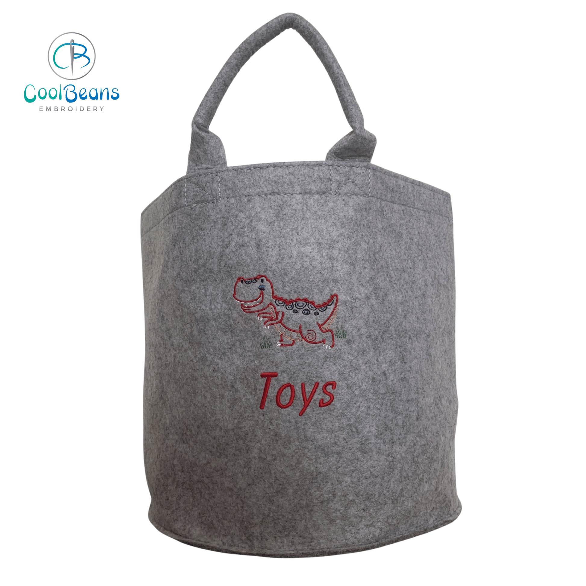 T-Rex Dinosaur Embroidered Personalised Felt Toy Storage Trug - Grey