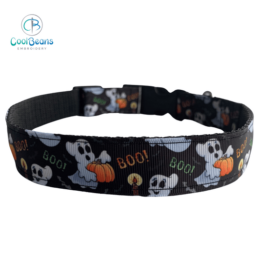 Dog Collar - Halloween Boo - Handcrafted - Personalised - 25mm - Cool Beans Embroidery & Personalisation