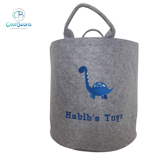 Dinosaur (Blue) Felt Trug - Toy Storage Tub - Personalised - Cool Beans Embroidery & Personalisation