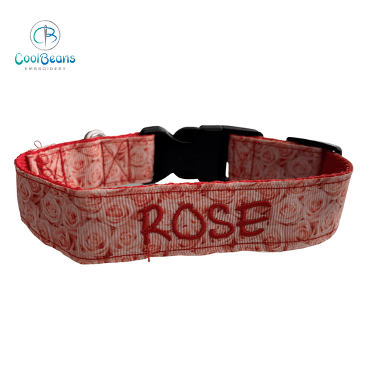 Dog Collar - Peach Roses - Handcrafted - Personalised - 25mm - Cool Beans Embroidery & Personalisation