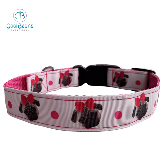 Dog Collar - Pugs - Handcrafted - Personalised - 25mm - Cool Beans Embroidery & Personalisation