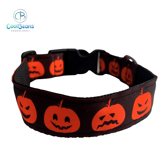 Dog Collar - Halloween Satin Pumpkin - Handcrafted - Personalised - 25mm - Cool Beans Embroidery & Personalisation