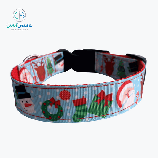 Dog Collar - Christmas Characters - Handcrafted - Personalised - 25mm - Cool Beans Embroidery & Personalisation